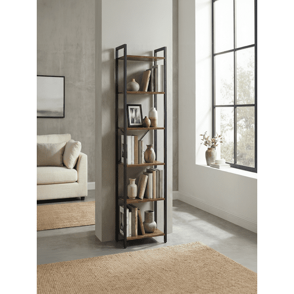 VASAGLE Librería de 6 Niveles, Biblioteca, Estantería para Oficina, Salón, Dormitorio, 30 x 40 x 187.5 cm, Marrón Rústico y Negro Tinta