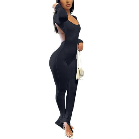 

Ma&Baby Women Long Sleeve Jumpsuit Square Neck Backless Playsuit Rompers One-piece Bodysuits