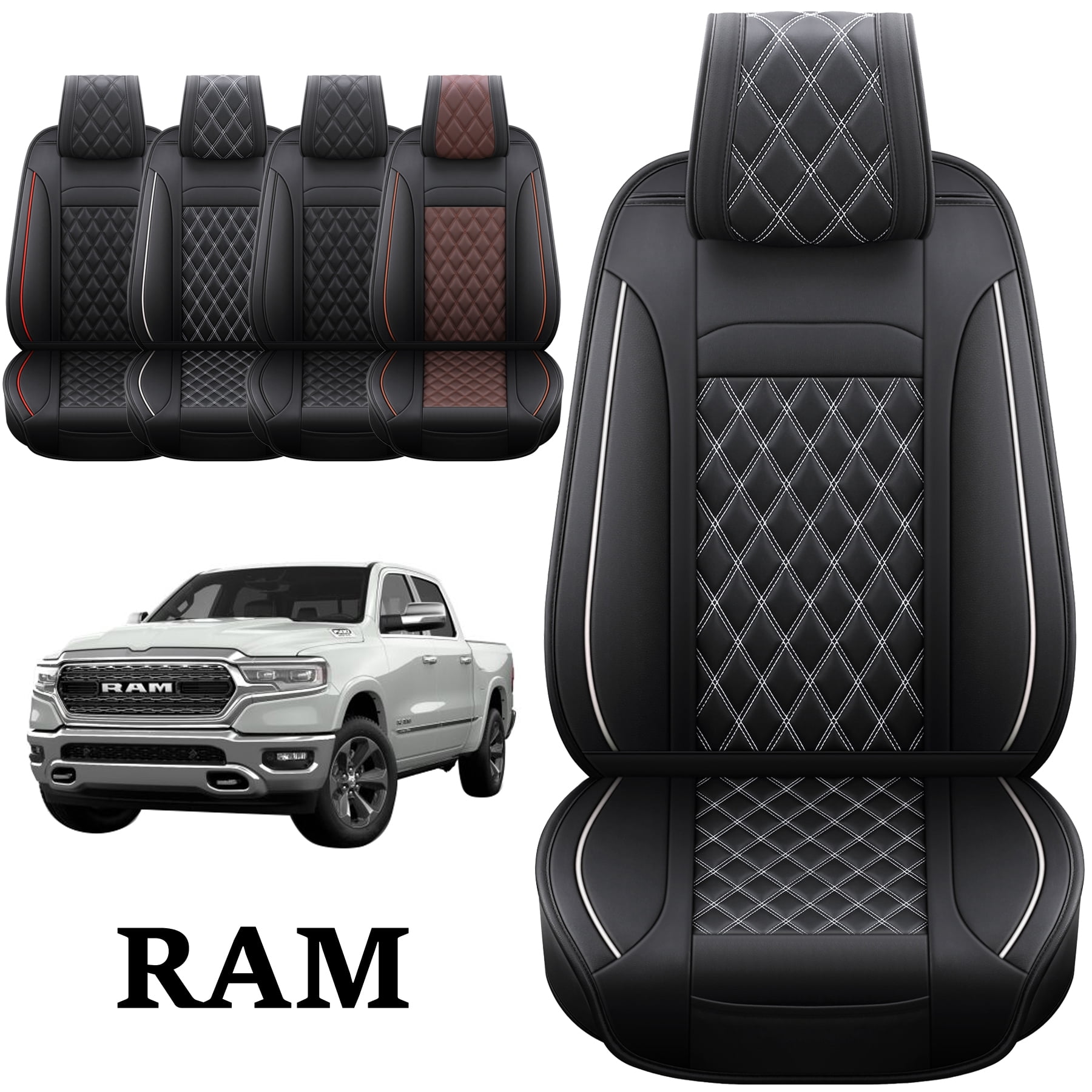 JOJOBAY Car Seat Covers for Dodge Ram,Fit 2009-2026 1500/2500/3500 HD Pick-up Truck,Crew,Regular,Quad,Mega Cab,Waterproof Synthetic Leather Seat Covers(2PCS-Front,Black-White)