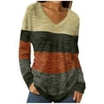 thumbnail image 3 of qolati Womens Long Sleeve Shirts Trendy V Neck Color Block Basic Tshirt Lightweight Fall Casual Striped Tee Tunics Tops Brown XXL, 3 of 8