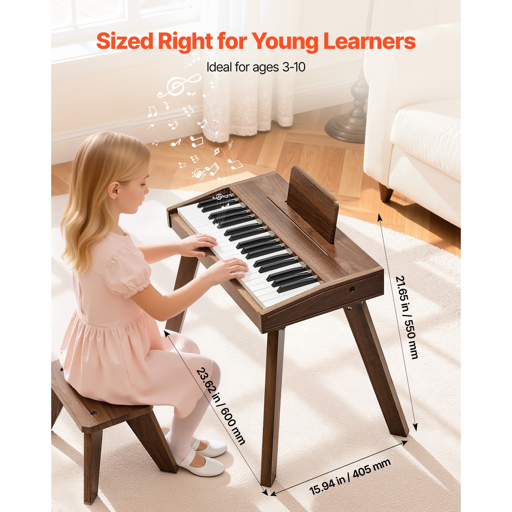 KFFKFF 37-Key Wooden Digital Piano for Kids, Mini Educational Music Instrument with Realistic Sound, Dual Power Options, Adjustable Volume, Ideal for Toddlers and Young Learners, Walnut Finish
