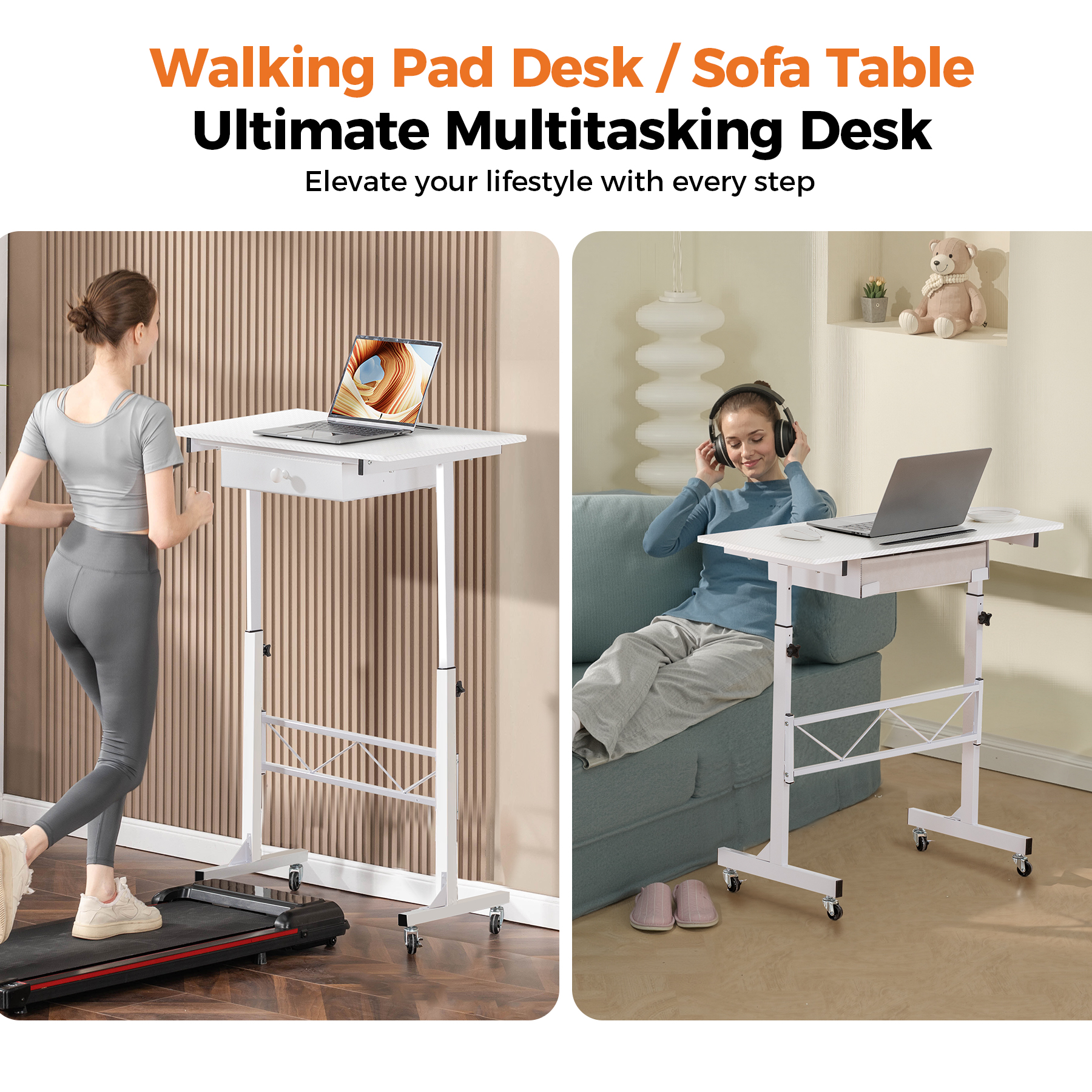 EXRACING Adjustable Standing Desk, 32" Portable Rolling Laptop Table with Wheels, Small Sit-Stand Computer Workstation，White