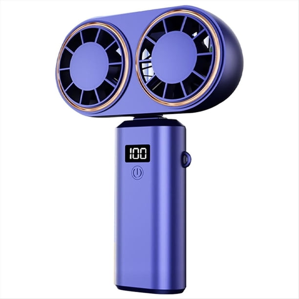 Ventilador Portátil de Mano con Carga USB, Doble Ventilador, Pantalla Digital, Batería Recargable, Color Azul .