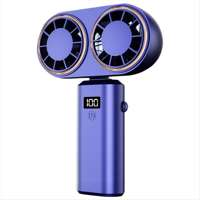 Ventilador Portátil de Mano con Carga USB, Doble Ventilador, Pantalla Digital, Batería Recargable, Color Azul .