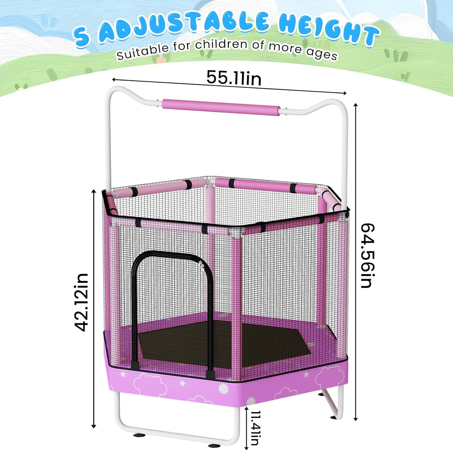 Baxluxe Toddler Trampoline for Kids Ages 3-8, 55in 7-in-1 Upgraded Pink Indoor Trampoline with Net ,500lbs Capacity Safe Trampoline, Mini Trampoline Boys Girls Toys Adjustable Height