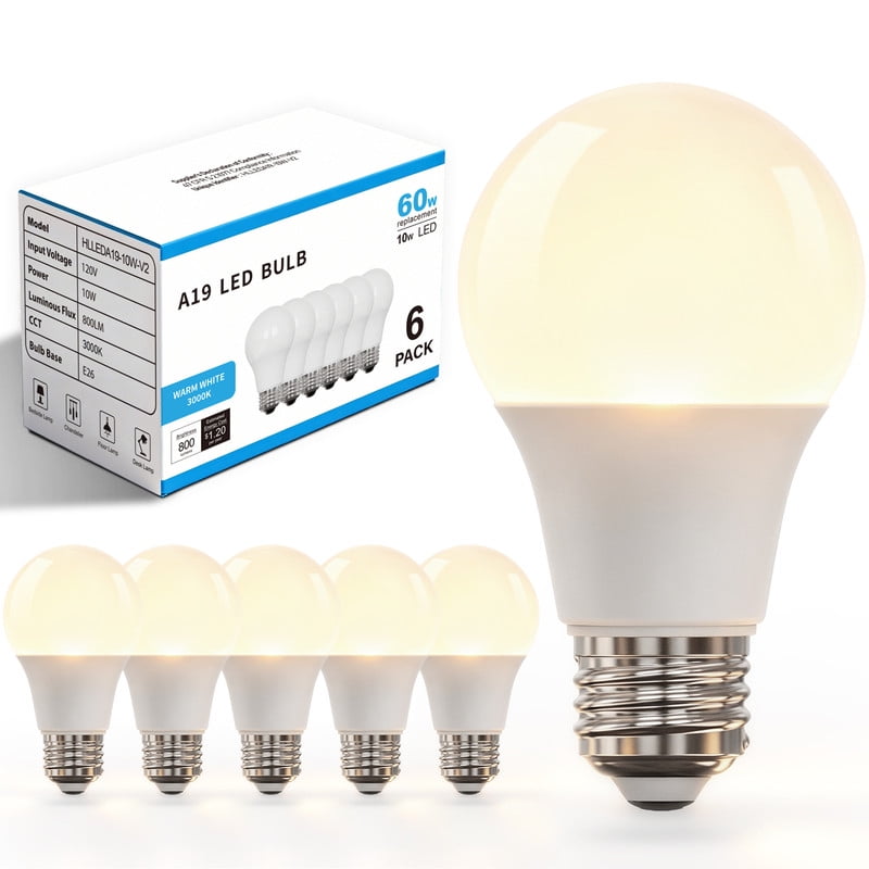 SUNLINKCO A19 LED Light Bulbs Soft White 3000K, 60 Watt Equivalent, Efficient 10W 800 Lumens, E26 Standard Base, Non-Dimmable, Flicker Free 6 Pack