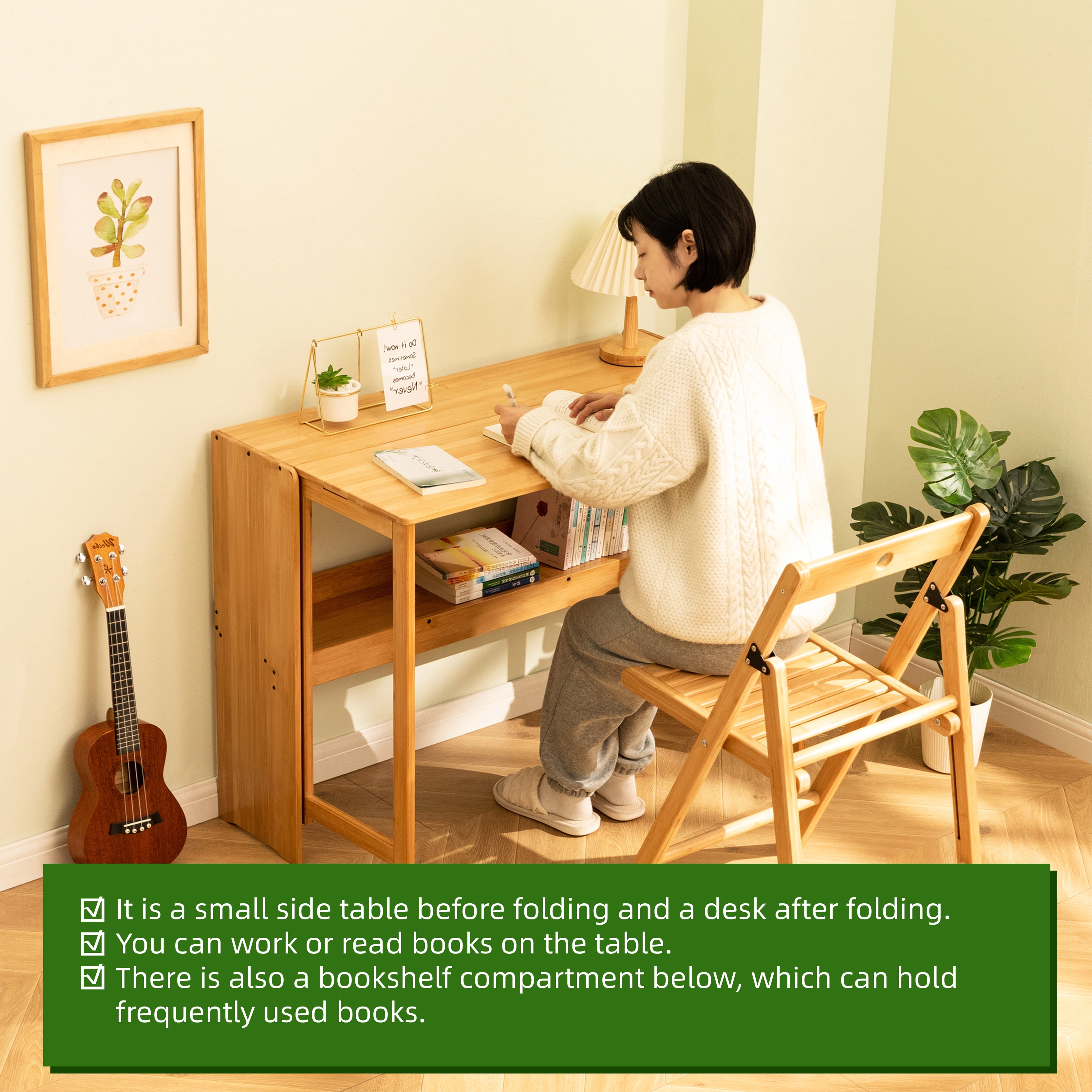 Bamboo Folding Desk, Space Saving Computer Desk, Foldable Study Table Natural Color for Bedroom Home Office Dorm Apartment Small Spaces