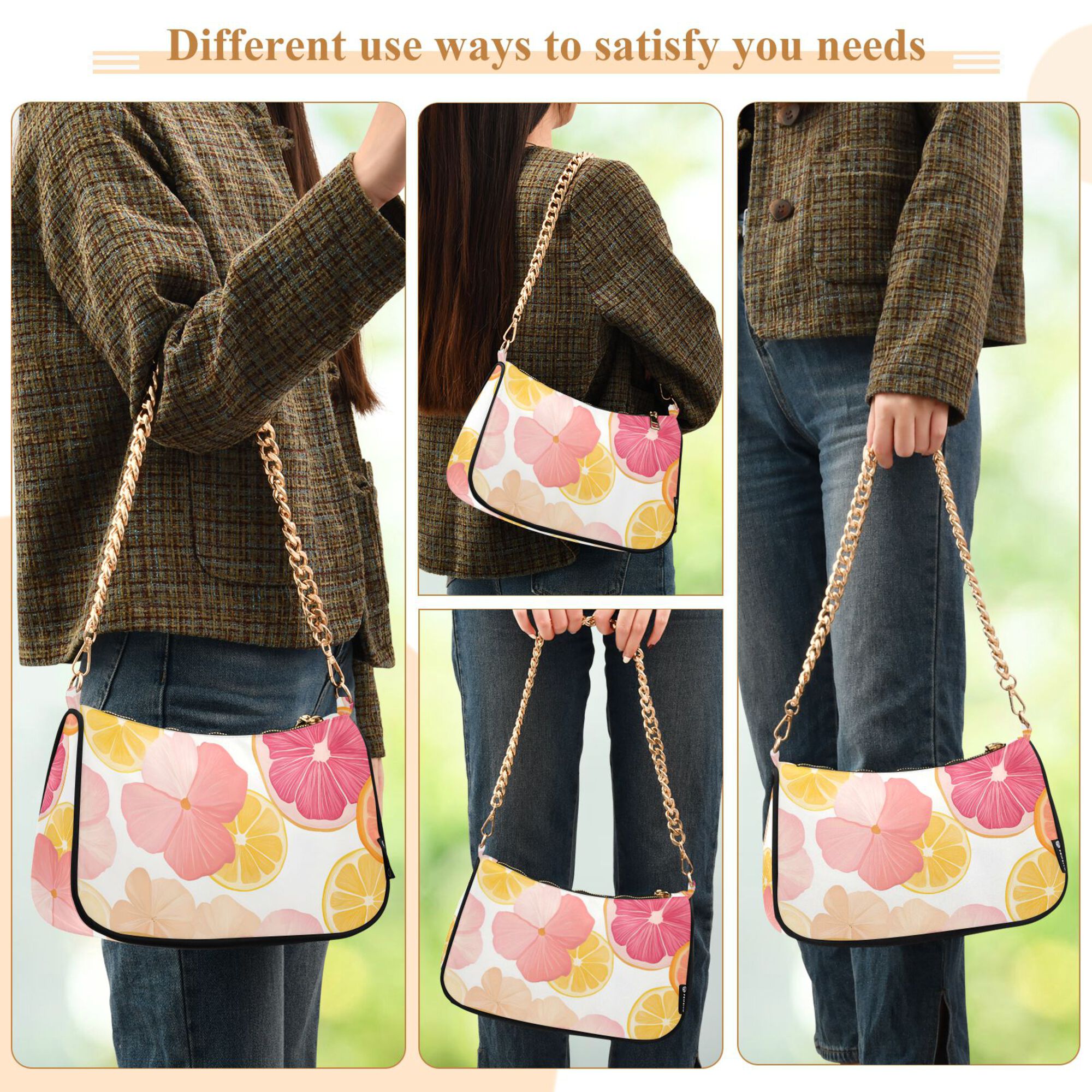 FORMRS Womens Shoulder Bag with Chain Strap Clutch Purse Cute Tote Handbag, Pink Floral Orange