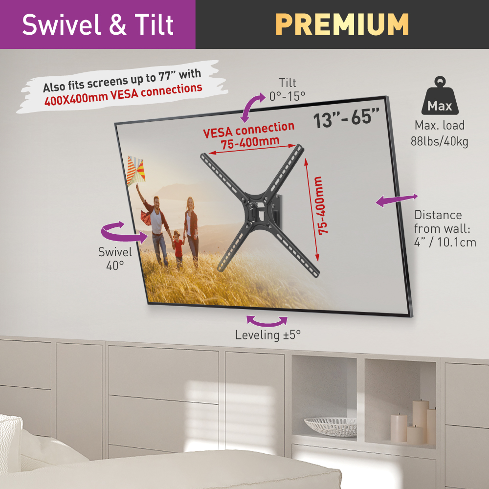 Barkan TV Wall Mount, 13 - 65 inch Patented, Premium, Swivel and Tilt Flat / Curved Screen Bracket, Holds up to 88lbs, Fits LED OLED LCD