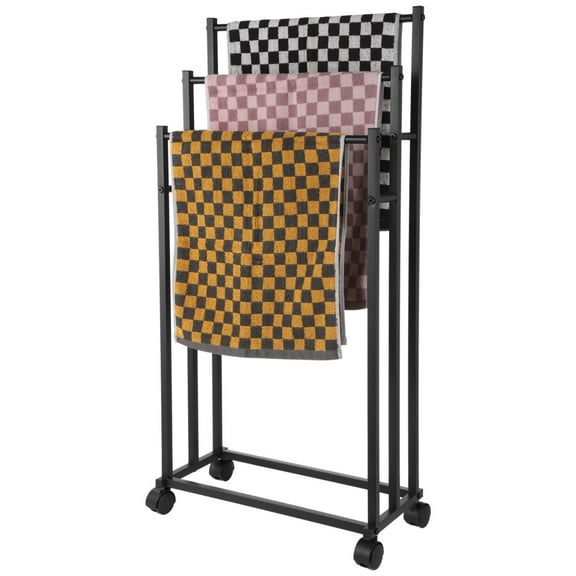 3-Tier Towel Rack with Wheels, Tall Free Standing Tower Organizer for Bathroom, Carbon Steel Rolling Towel Stand, Multi-Purpose Organizer for Laundry, Poolside, Bedroom, Easy Assembly