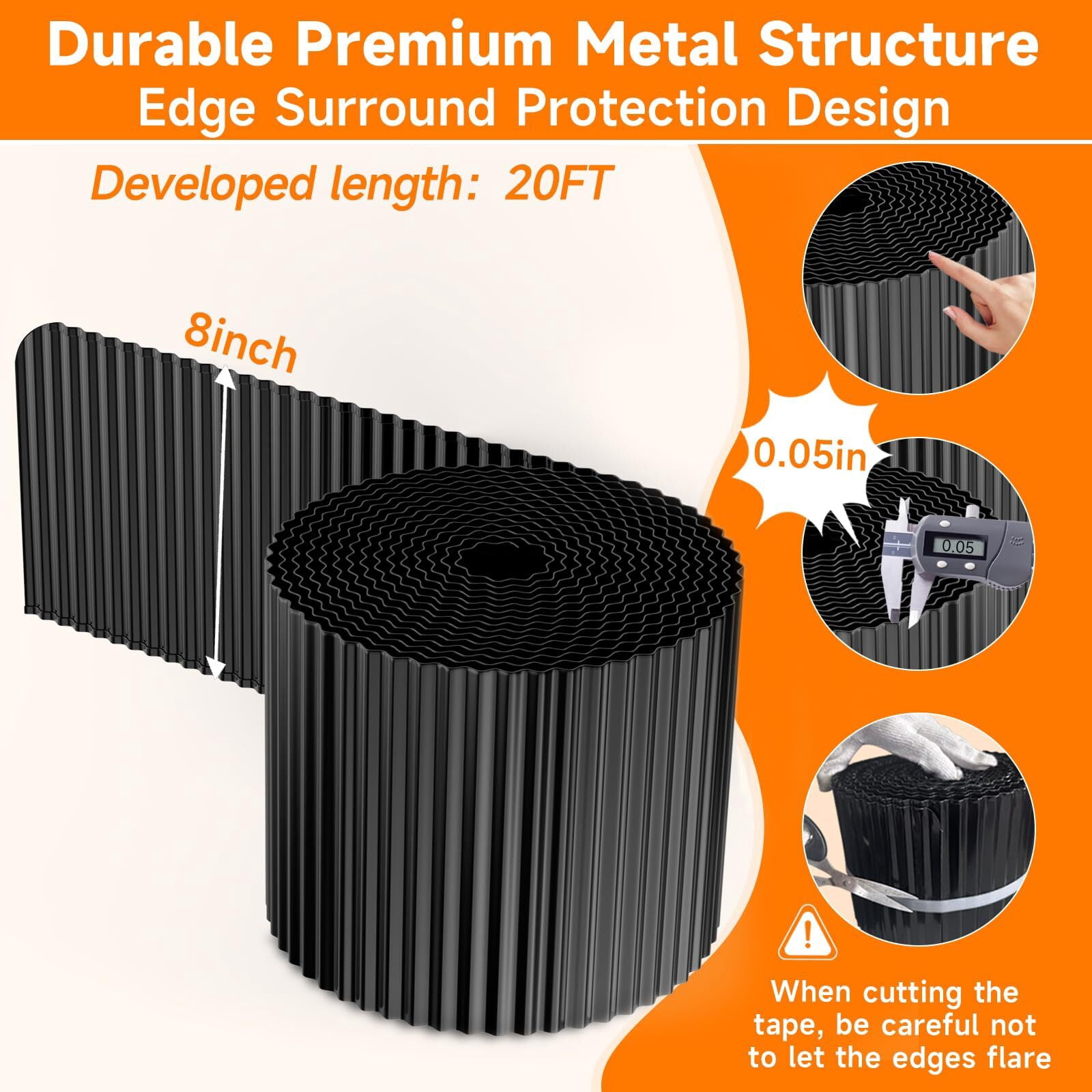 GTSABWAY 8"×20Ft Heavy Duty Corrugated Galvanized Steel Garden Landscape Edging, Flexible Hemmed Border for Weed & Mulch Control, Flower Beds Lawn & Tree Surrounds, Black
