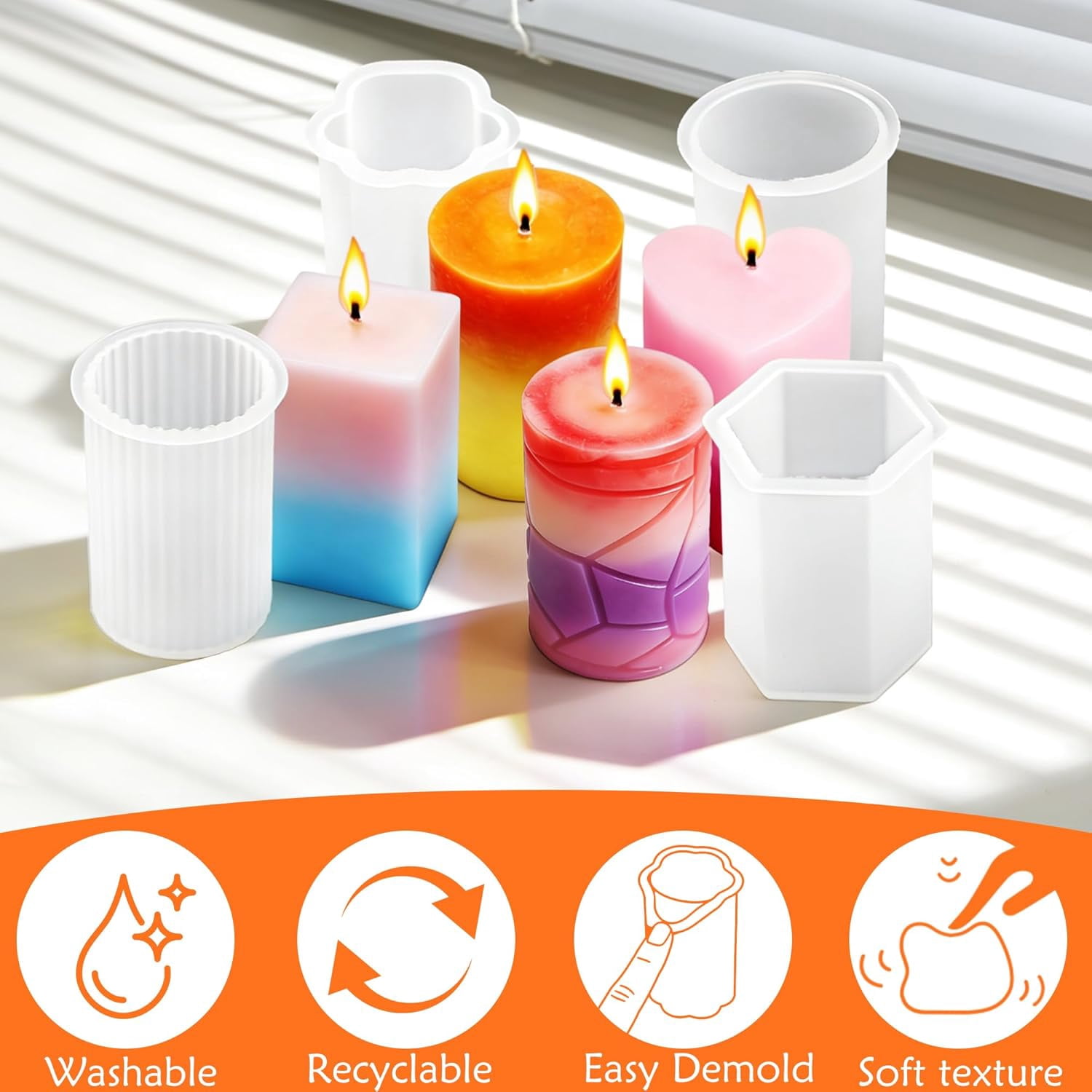 8PCS Reusable Silicone Candle Molds Set - Cylinder/Hexagon/Octagonal/Heart/Flower/Square Shapes for DIY Making Soap Resin Crafts Easy Release Making Kit (8 Cylinder & Hexagon)