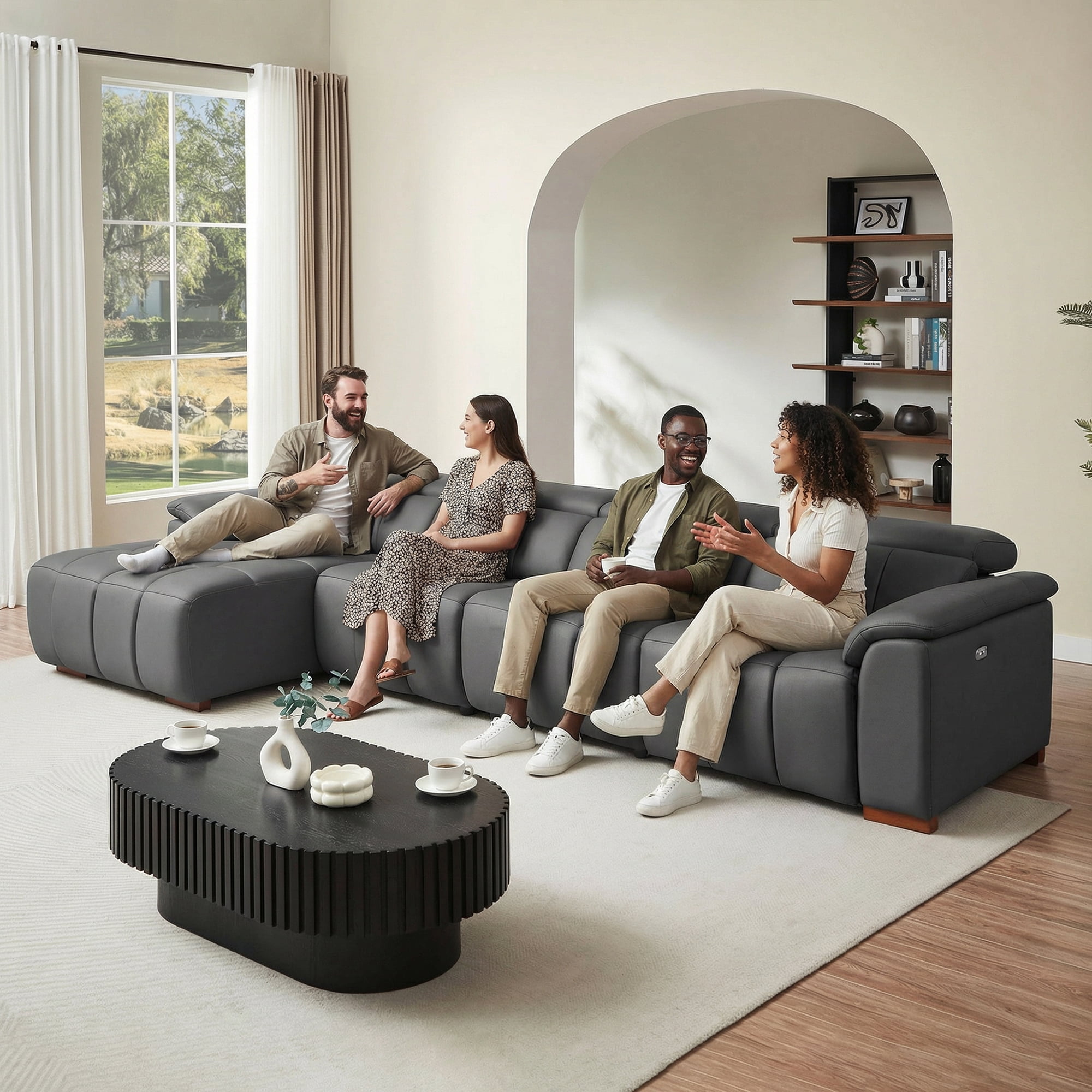 siu want Modern 4-Seat Electric Reclining Sectional Sofa, L-Shaped Genuine Leather Couch with Wall Hugger Design & USB Ports, Power Headrest and Footrest, Home Theater Living Room Furniture