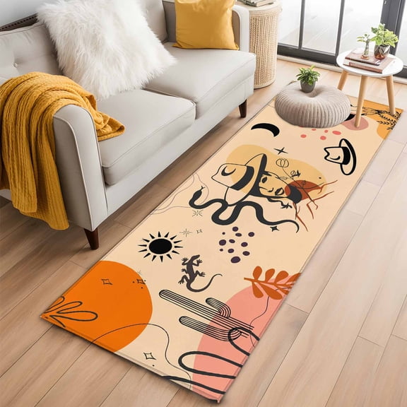 Runner Rugs 2x6 Ft, Western Boho Non Slip Area Rugs for Kitchen Bedroom Entryway, Vintage Cowboys Abstract Cactus Plant Beige Washable Carpet Runner Rug Floor Mats for Bedroom Home Decor