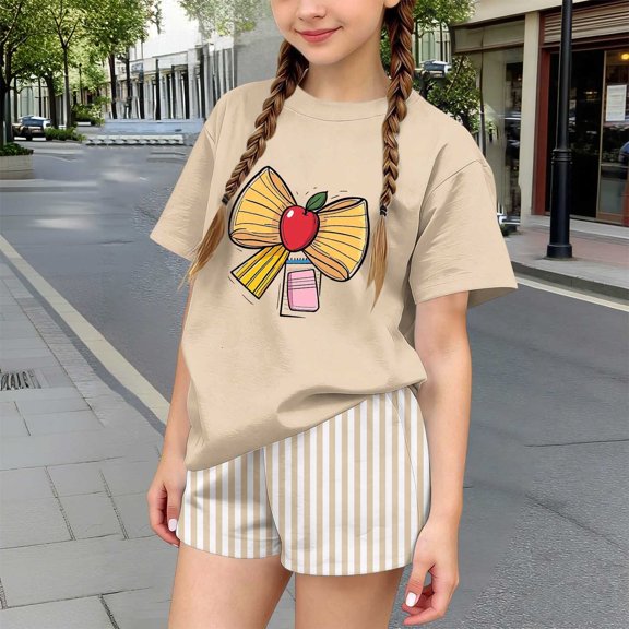 LvhaoGJOB Little Kids Girls T-Shirt and Shorts Outfit Set, Beige - large Beige bow graphic, notebook print with pink bow