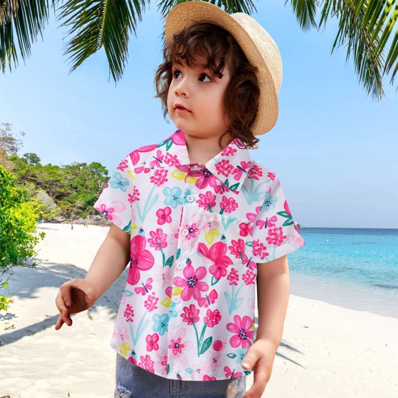 SOFTCCLO Boys Shirts Short Sleeve Lapel Button Down Tops Hawaiian Floral Cartoon Print Beach Vacation Gentleman Casual Kids Shirts Size 6-12M
