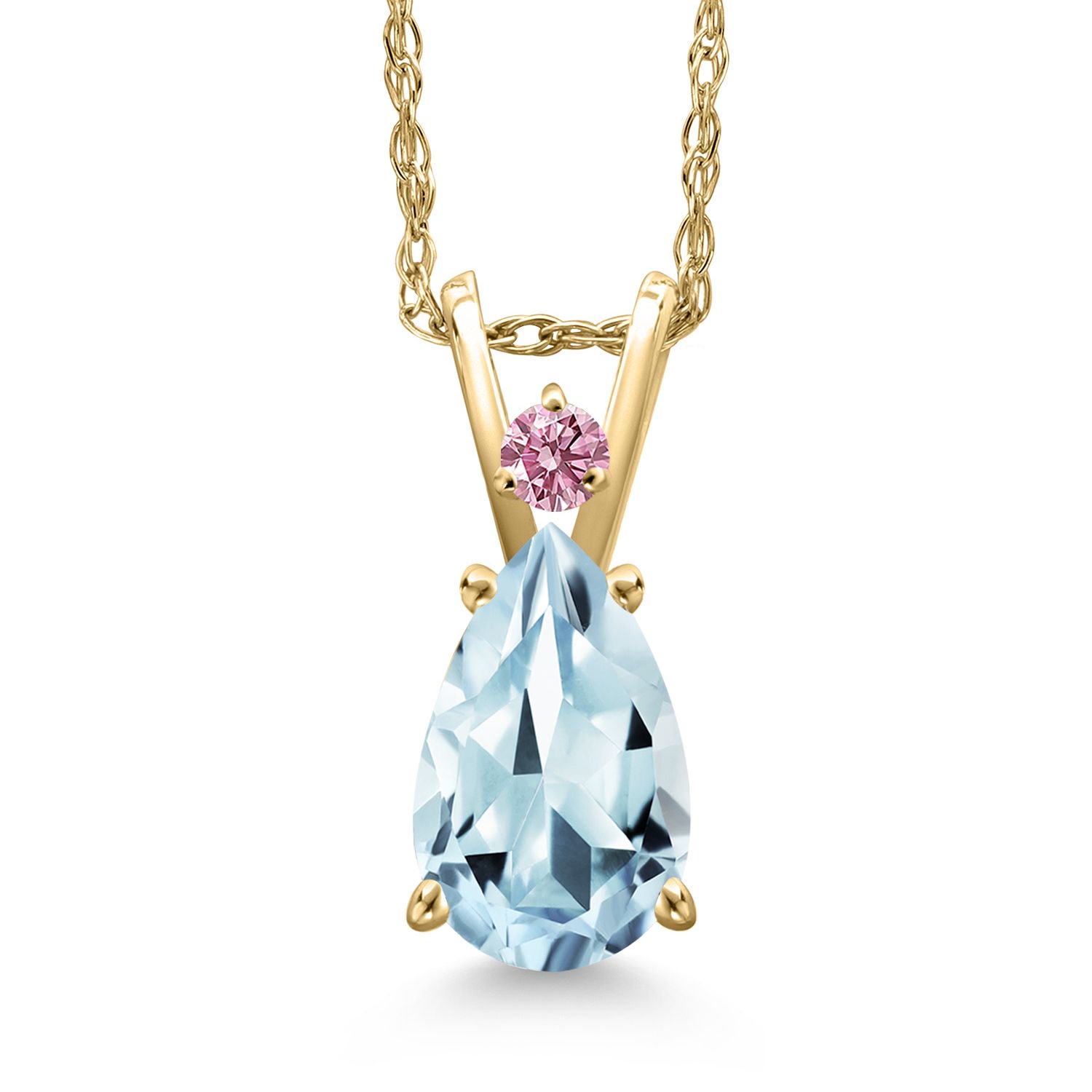 Gem Stone King 14K Yellow Gold Sky Blue Aquamarine and Pink Lab Grown Diamond Pendant Necklace for Women | 1.17 Cttw | Gemstone March Birthstone | Pear Shape 9X6MM | With 18 inch Chain