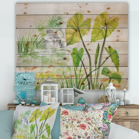 Designart 'Ancient Lotus Pond' Lake House Print on Natural Pine Wood