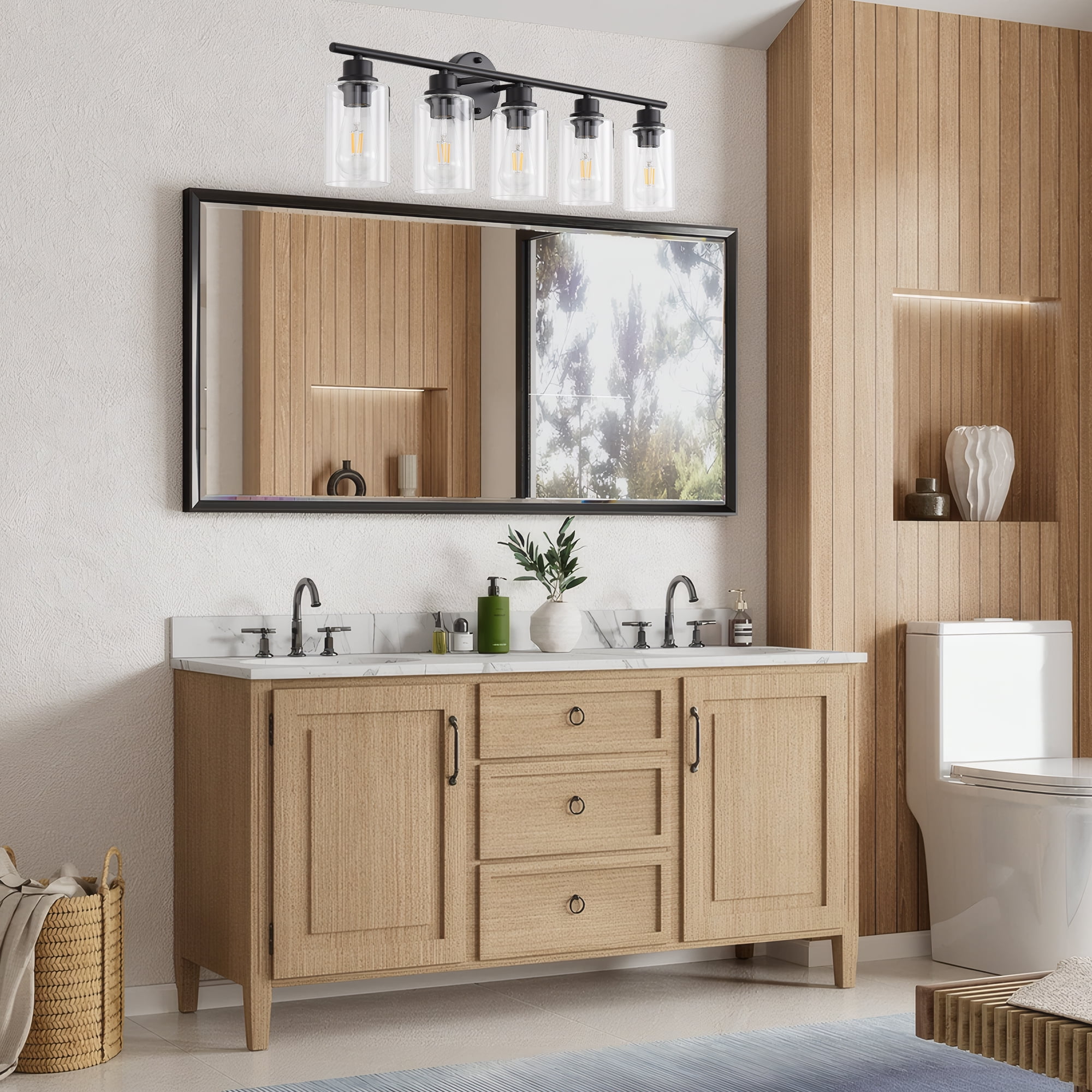 5-Light Modern Vanity Light with Clear Glass Shade - Dimmable Bathroom Black Wall Lamp for Mirror, Kitchen, Hallway