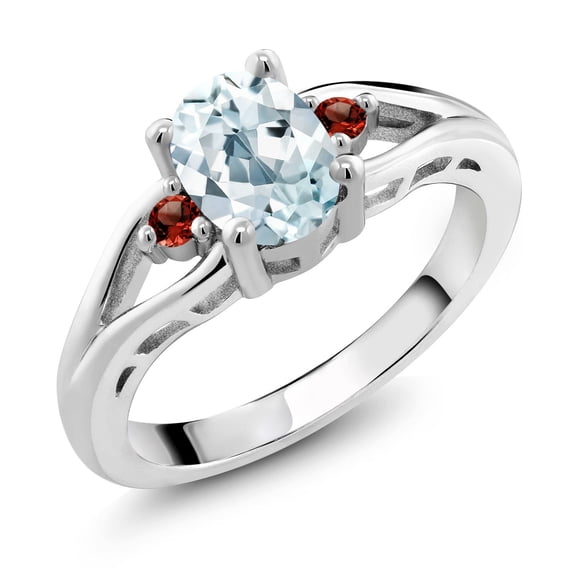 Gem Stone King 925 Sterling Silver Sky Blue Aquamarine and Red Garnet 3 Stone Engagement Ring for Women | 1.30 Cttw | Oval 8X6MM | Round 2MM | Gemstone March Birthstone | Size 8