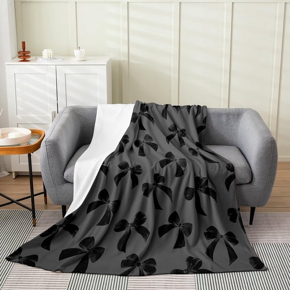 Dark Gray Black Bow Print Throw Blanket Soft Flannel Decorative Blanket For Sofa Bedroom Couch Travel