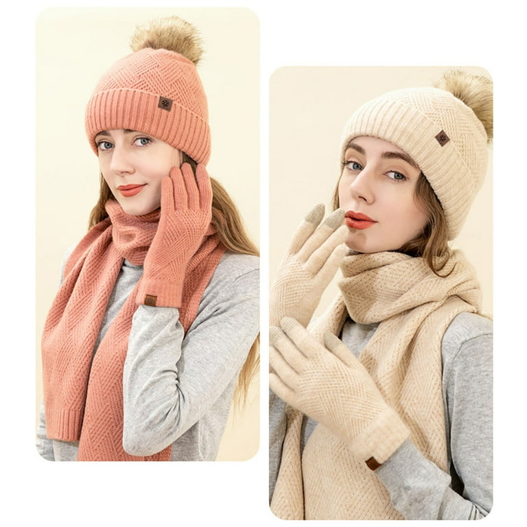 Nsxcdh Wool Hat Scarf Gloves Set Warm Knit Double Layer Cozy