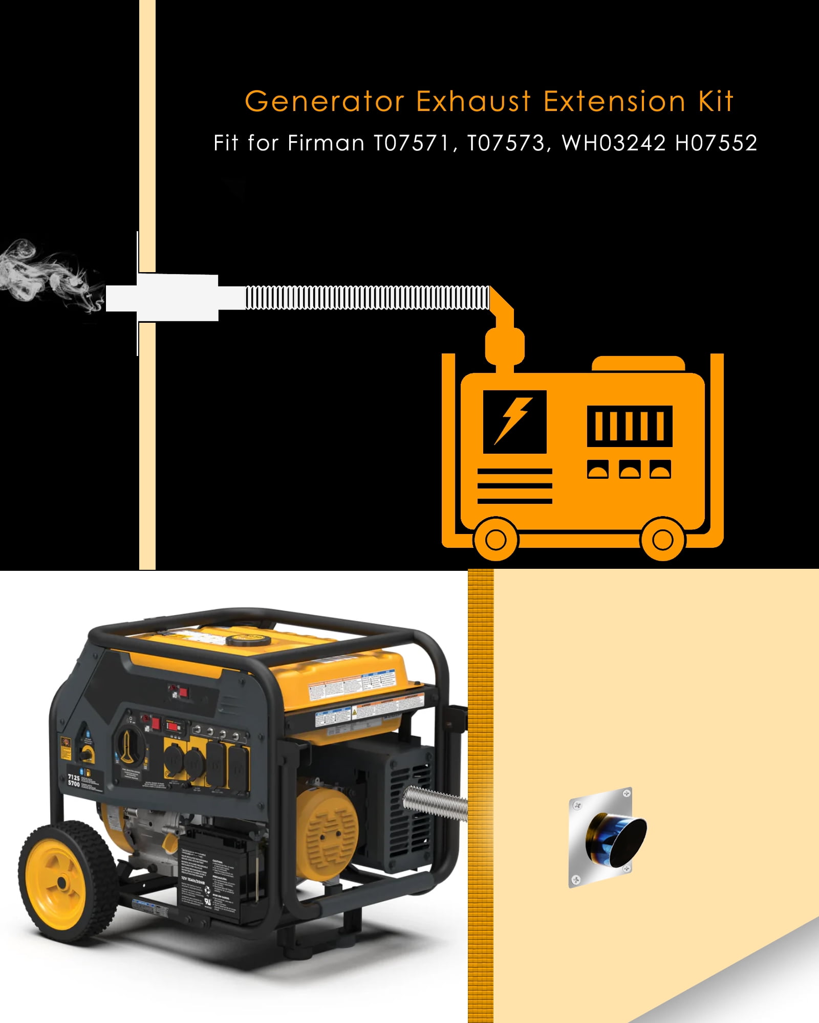 Generator Exhaust Extension Kit with Muffler And Insulated Through-Wall Mounting Plate, Exhaust Adapter, Exhaust Pipe, U-bolt Clamps, for Firman and Hond, Stainless Steel