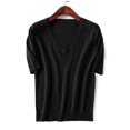 thumbnail image 4 of Summer Homenesgenics Womens Tops under $5 Women's Solid Color Knitted-Neck Top Casual T-Shirt with Mid Sleeves Black XL, 4 of 7