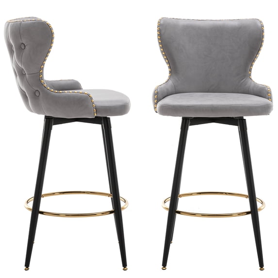 29 Inch Counter Height Bar Stools Set of 2,180°Self-Righting Modern Swivel Bar Chairs Set of 2,With Golden Nailhead Trim And Metal Base,for Kitchen Island Restaurant Pub(Light Grey,29 inch,2PCS)