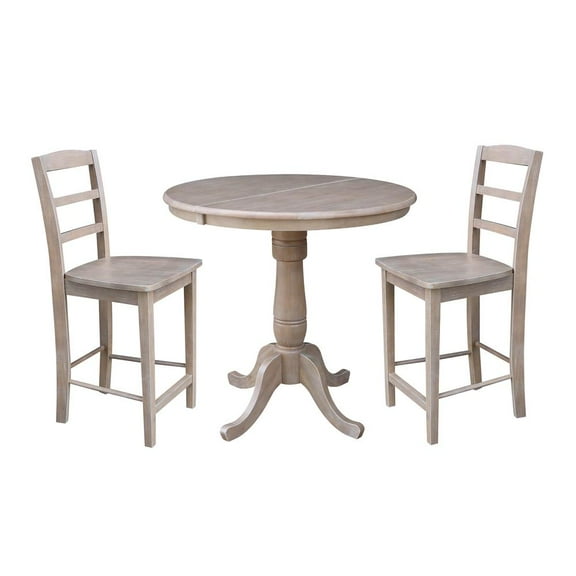 36" Round Pedestal Counter Height Table with 12" Leaf and 2 Madrid Stools - Washed Gray Taupe - 3 Piece Set