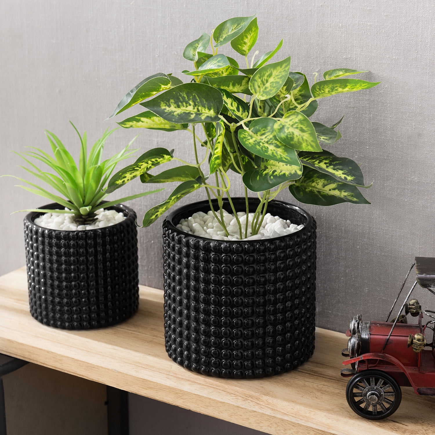 8 Inch Ceramic Vintage-Style Hobnail Textured Flower Pot with Drainage Hole for Modern Home Decor Black Planter Pots for Plants Indoor POTEY 056302, Plants NOT Included 