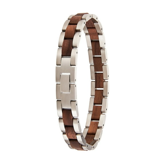 Wollet Wooden Bracelets for Men Walnut & Stainless Steel Link Chain Fashion Mens Bracelets