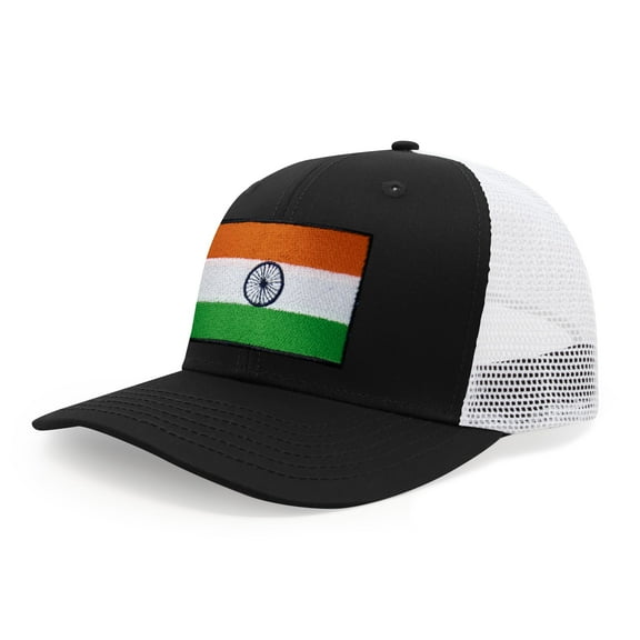 International Tie Indian Flag Hat for Men and Women - Adjustable India Snapback Trucker Baseball Cap (Black White)