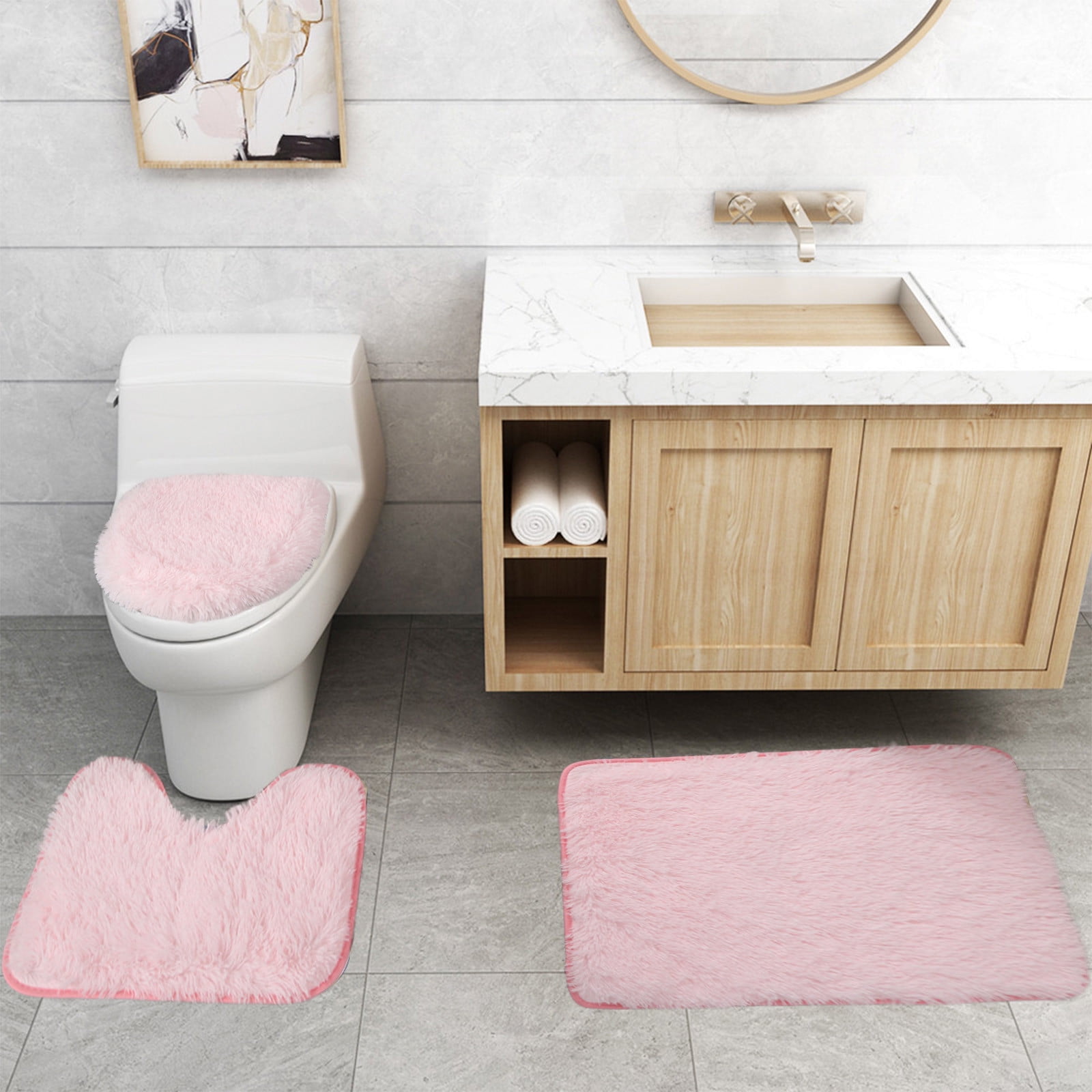 UttpKLBx Non Slip Chenille Toilet Mat Absorbent Washable Quick Dry Bathroom Rugs Bathroom Floor Mat Fluffy Bathroom Rugs, Home And Kitchen Products (Pink)