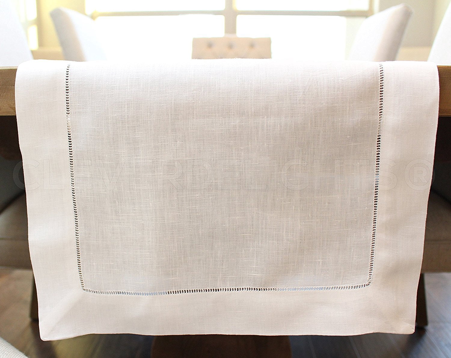 CleverDelights White Hemstitch Table Runner - 16 x 108 Inch - 55/45 Linen Cotton Blend