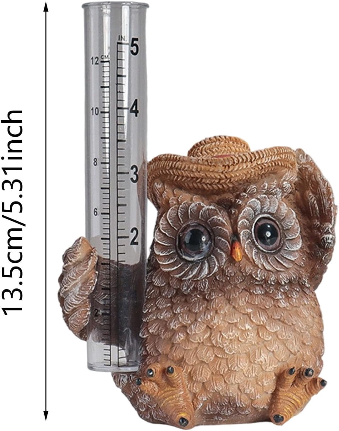 Cute Owl Resin Rain Gauge Outdoor Decor, Rainfall Measuring Tool with Scale Markings & Measuring Tube, Decorative Rain Gauge for Yard, Patio, Deck (Khaki)