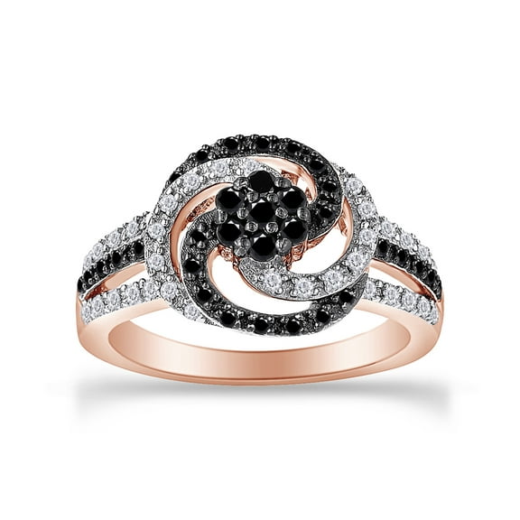 1/2 Carat Round Cut Natural Enhanced Black & White Diamond Flower Design Swirl Ring In 14K Rose Gold Over Sterling Silver (0.5 Cttw, I2-I3 Clarity), Ring Size- 8