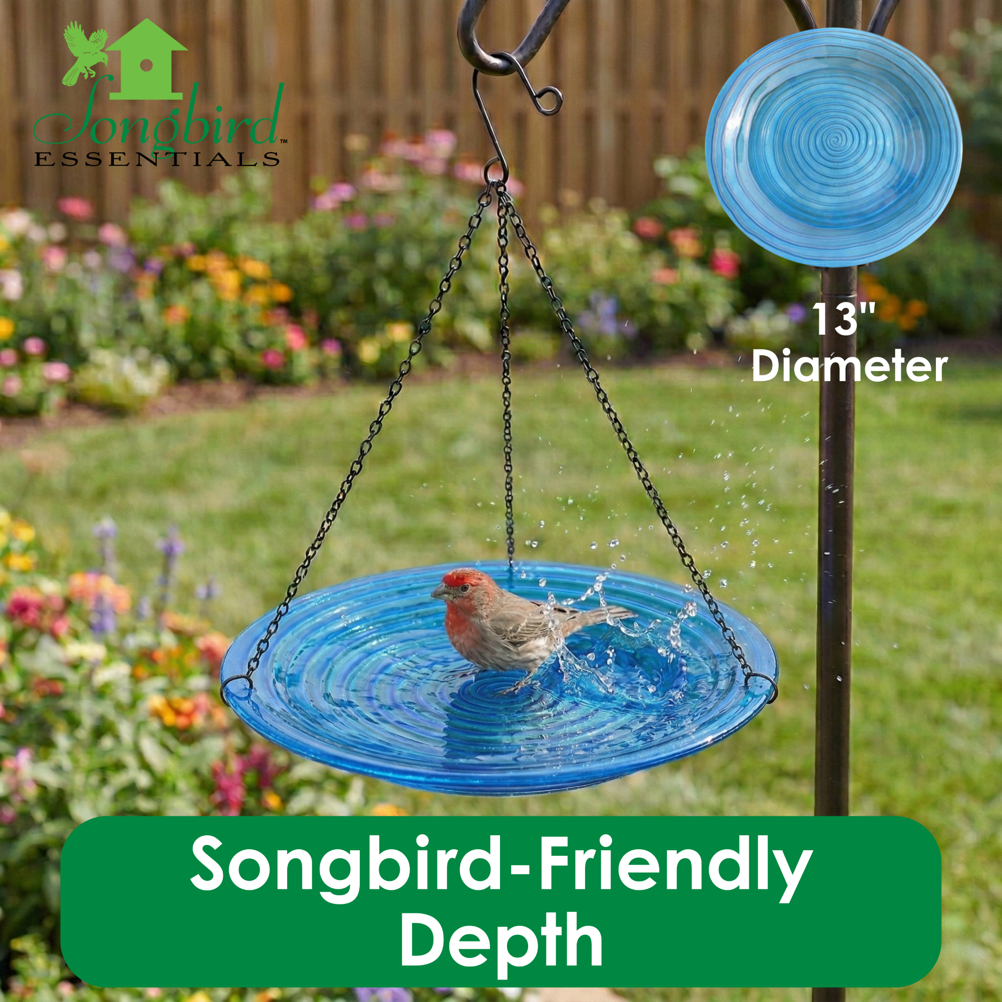 Songbird Essentials Hanging Bird Bath, Outdoor Glass Birdbath, Blue Swirls