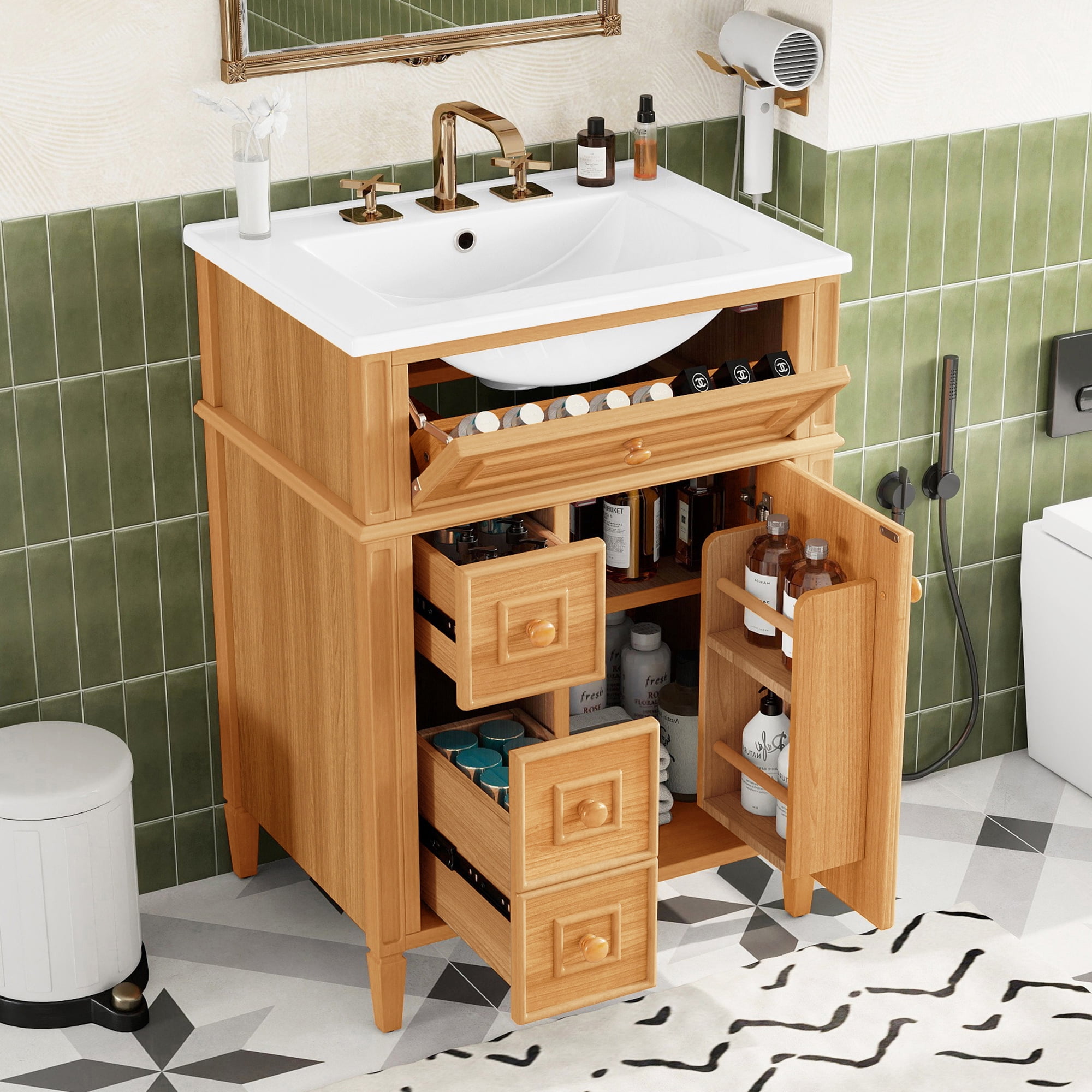 Harper & Bright Designs 24" Small Bathroom Vanity with Sink Top, Free Standing Single Basin Vanity Set with Flip-Out Drawer, 2 Soft-Close Drawers, 1 Soft-Close Door, Solid Wood & MDF, Wood