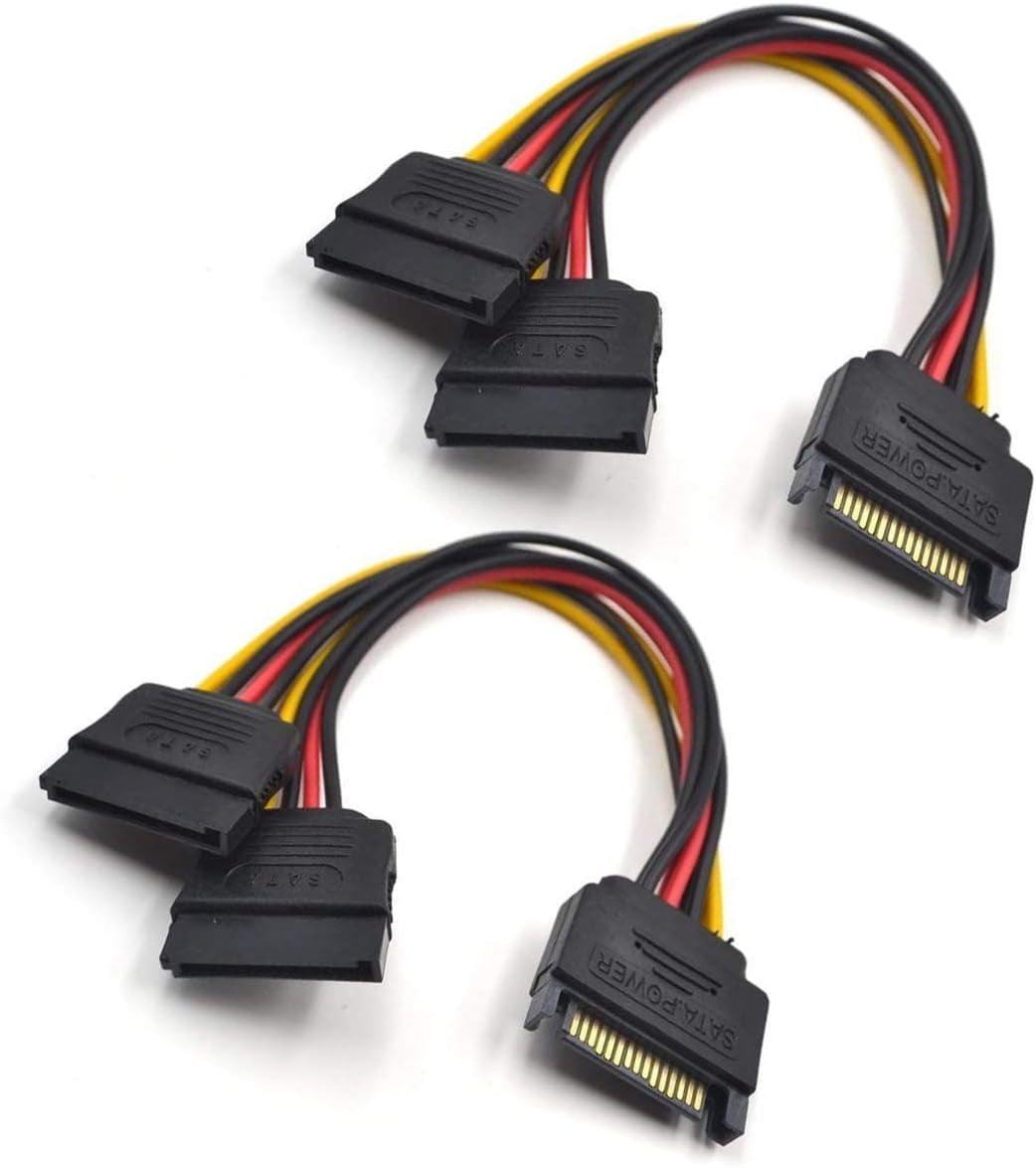 HRTGFD-2 Pack 15 Pin SATA Power Y-Splitter Cable, 20CM, Male to Female, High Speed, Compatible with Hard Drive, DVD, PCIe Express Card