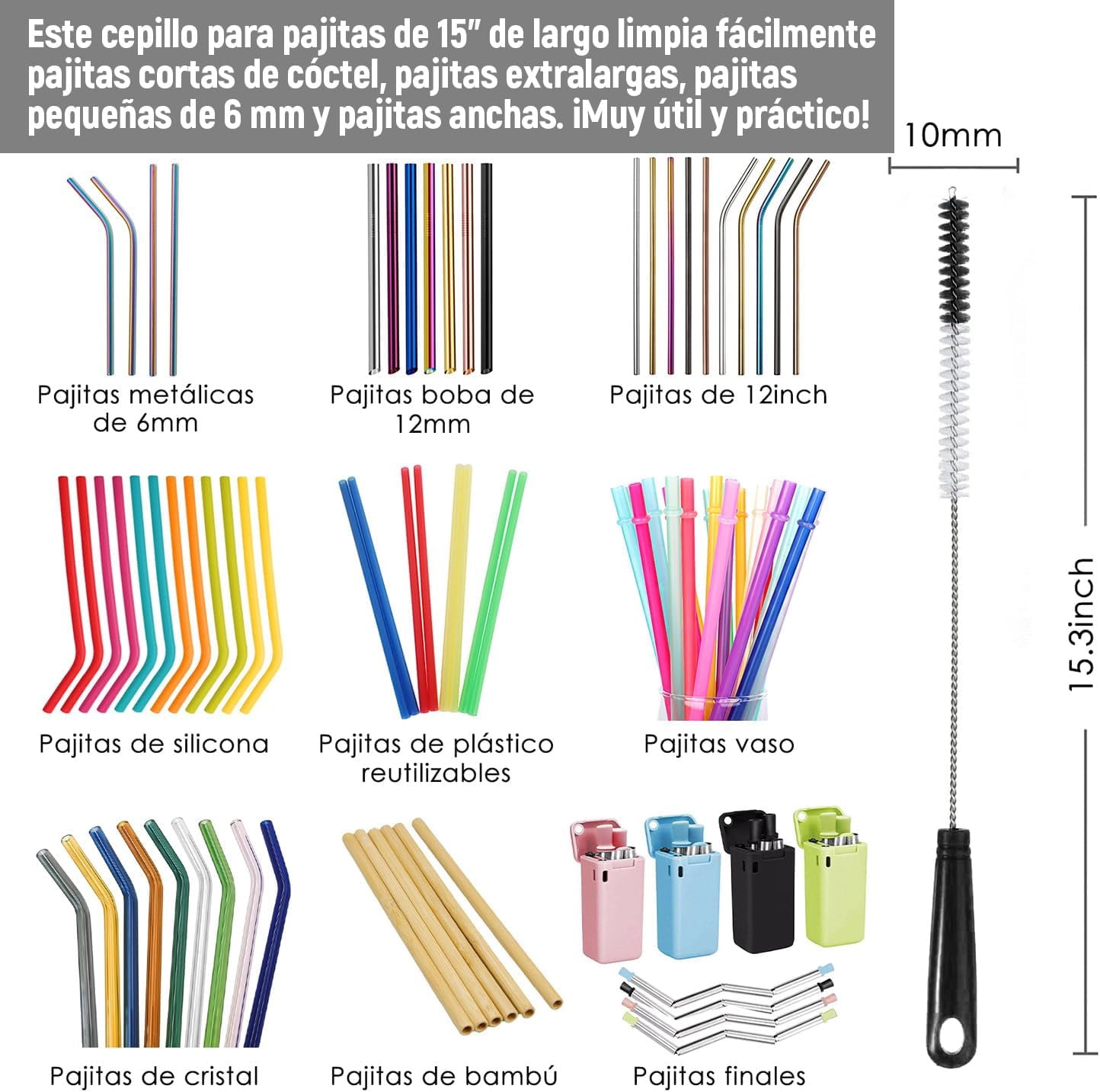 8-Pack Bottle Brushes with Straw Cleaner, Multifunctional Bottle Washing Brush with Hanging Hole, Suitable for Cleaning Bottles, Baby Bottles, Thermoses, and Caps