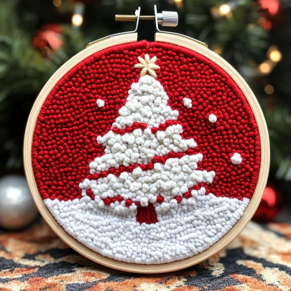 DIY Punch Needle Kits for Beginners White Snow Christmas Tree with Hoop Punch Needle Starter Craft Embroidery Set Easy for Adults and Children Festival Gift and Decoration 20x20cm-2
