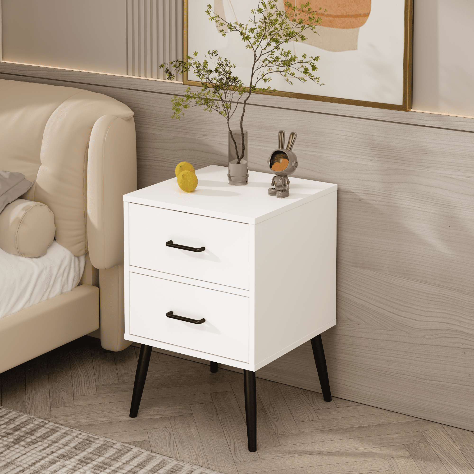 2-Drawer Nightstand with Metal Legs and Metal Handles, Modern White Bedside Table, Small End Table for Bedroom, Living Room or Apartment