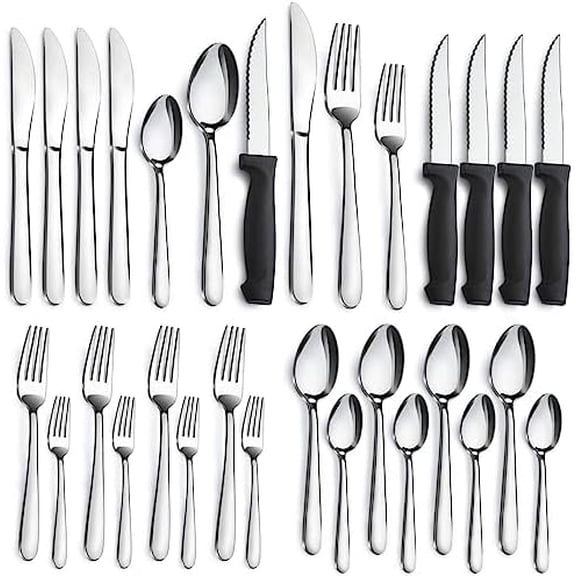 24-Piece Silverware Set - Stainless Steel Flatware with Steak Knives, Forks, Spoons, Knives - Dishwasher Safe for Home or Restaurant