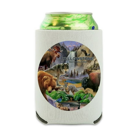 

Yellowstone National Park Wyoming Montana Idaho Animals Wolf Bear Fox Bison Can Cooler - Drink Sleeve Hugger Collapsible Insulator - Beverage Insulated Holder