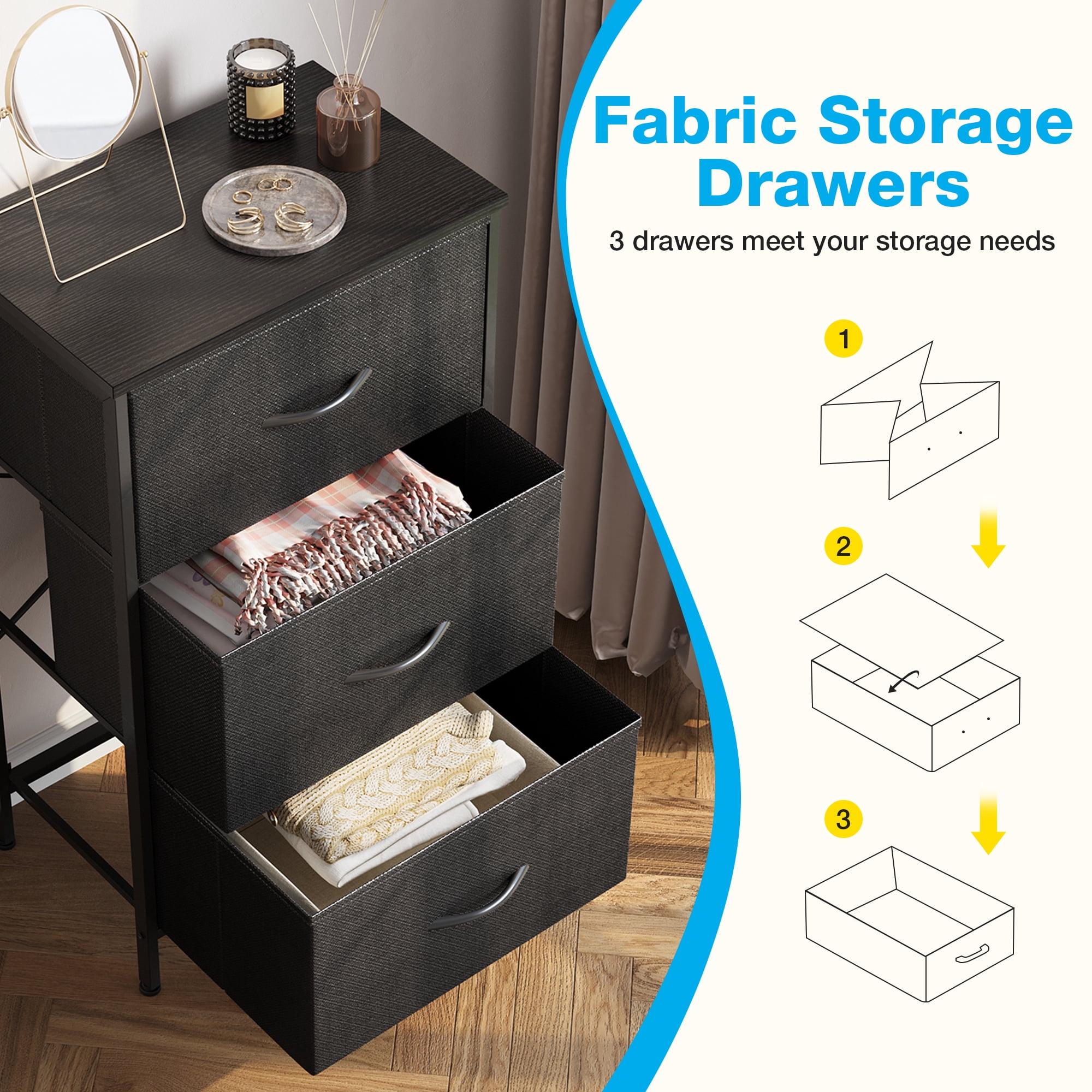 Casacomoda Dresser for Bedroom Nightstand Small Dresser Chest of Drawers End Table for Living Room, Closet Dresser with 3 Storage Drawers Organizer Clothes, Black