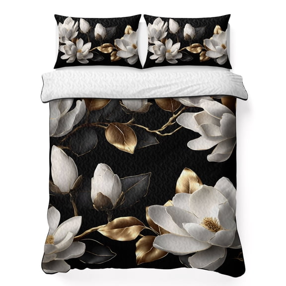 Quilts Queen Size Bedding Set, White Floral Lightweight Quilted Comforter, Vintage Country Luxurious Botanical Black Gold Soft Bedspread Coverlet with Pillow Covers for All Season, 90" x 96"