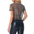 thumbnail image 3 of INSPIRE CHIC Women's Mesh Semi Sheer Short Sleeve Metallic Shiny Cropped Top S Silver, 3 of 5