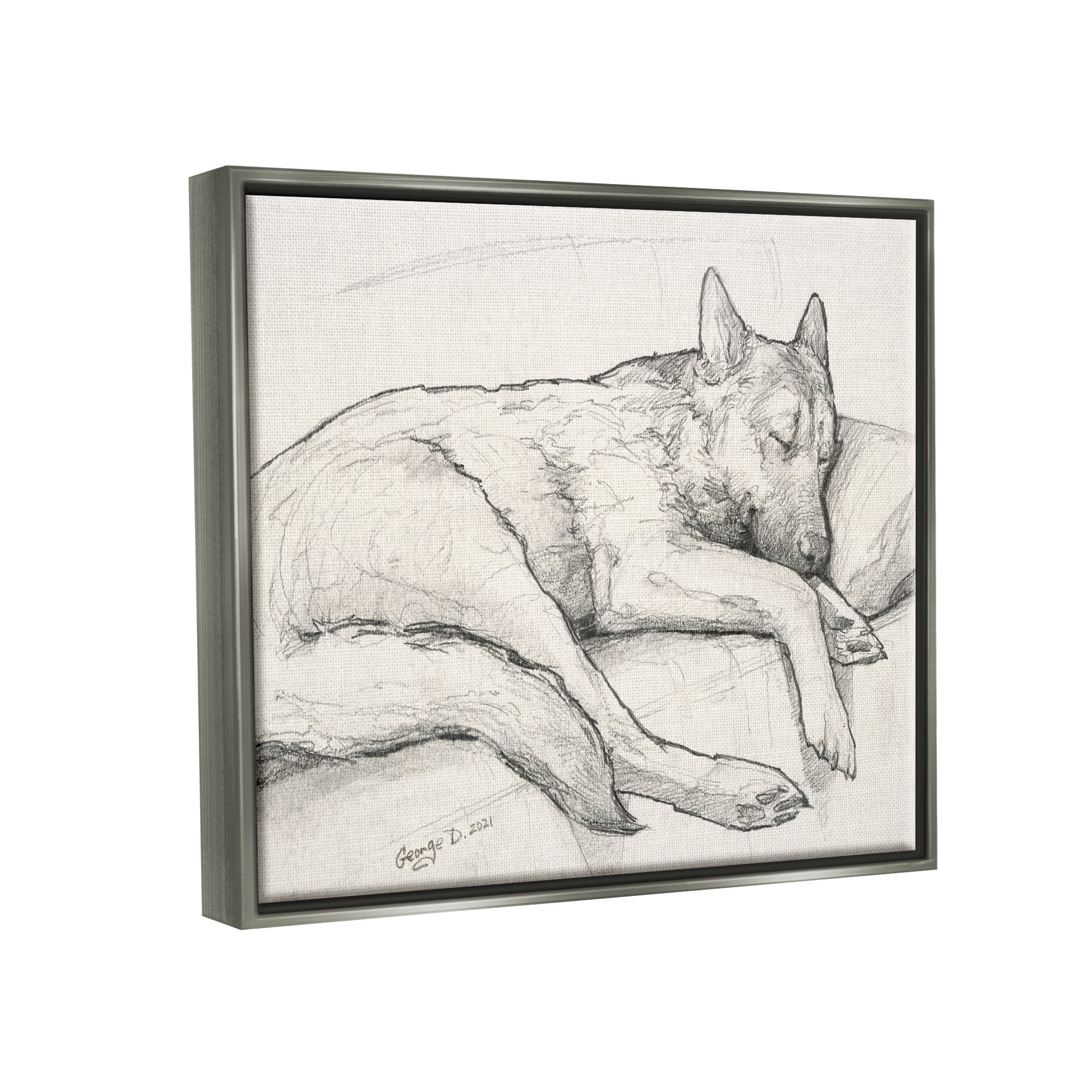 Stupell Industries Dog Curled Up Resting Detailed Graphite Pencil Drawing Drawing Print Luster Gray Floating Framed Canvas Print Wall Art, Design by George Dyachenko