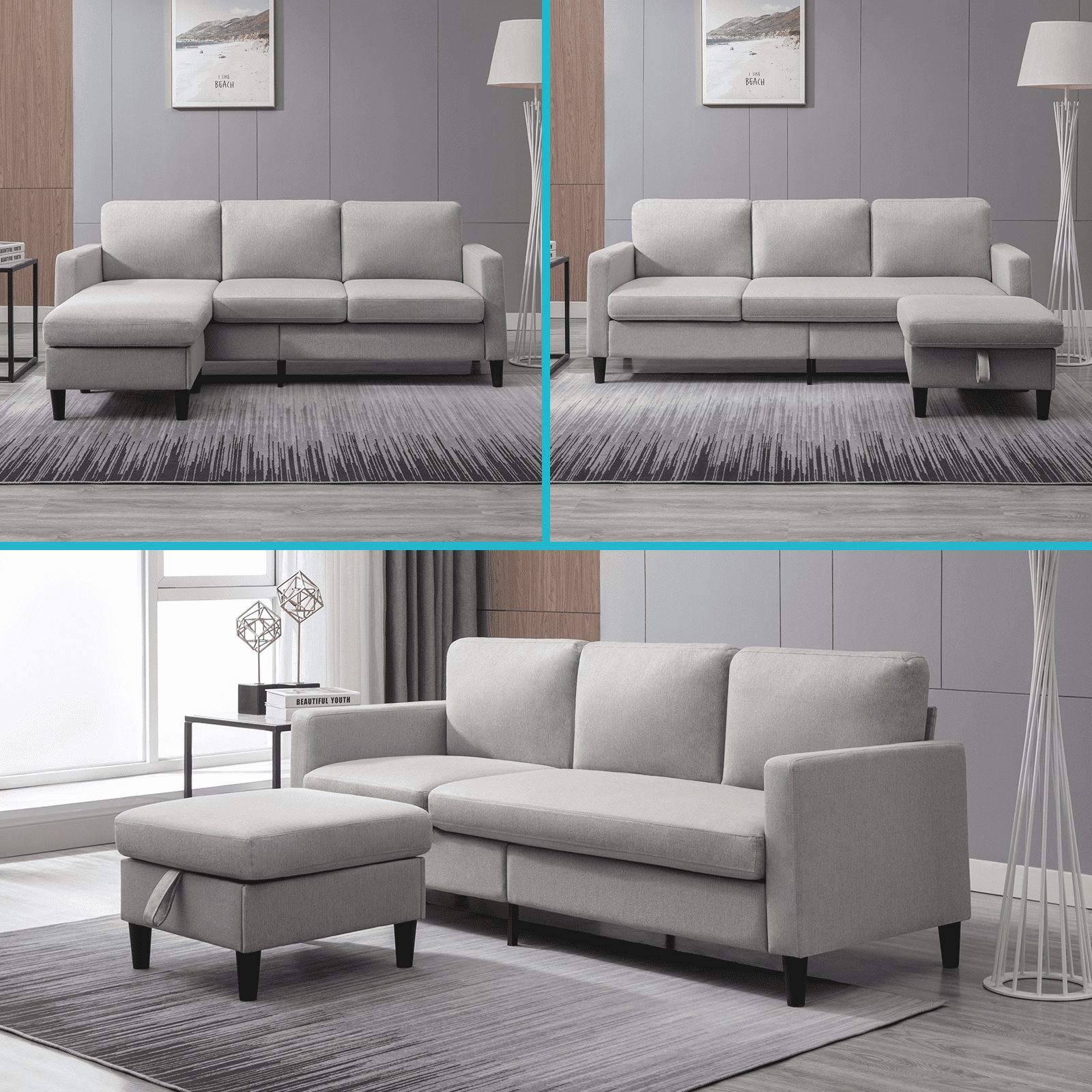 Mixoy 76"W  Sectional Sofa with Movable Ottoman, Free Combination Sectional Couch, Small L Shaped Sectional Sofa with Storage Ottoman, Modern Linen Fabric Sofa Set for Living Room (Light Grey)